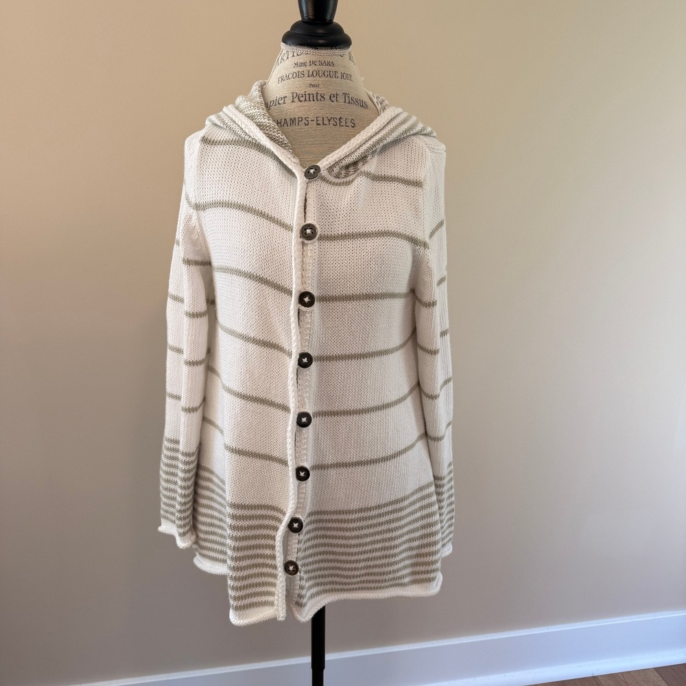 Pure Handknit Womens White/Green Striped Cotton Cardigan Size S/M